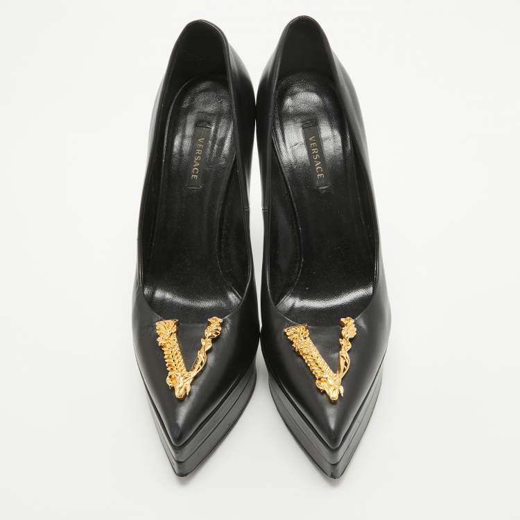 Pre Owned Versace Black Leather Virtus Platform Pumps Size 38.5