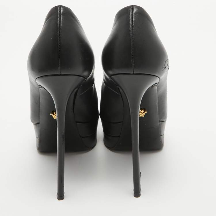 Pre Owned Versace Black Leather Virtus Platform Pumps Size 38.5