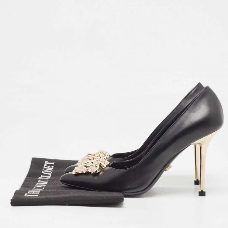 Pre Owned Versace Black Leather Medusa  Pointed Toe Pumps Size 37