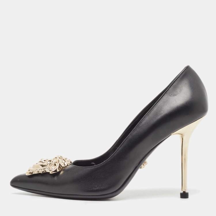 Pre Owned Versace Black Leather Medusa  Pointed Toe Pumps Size 37