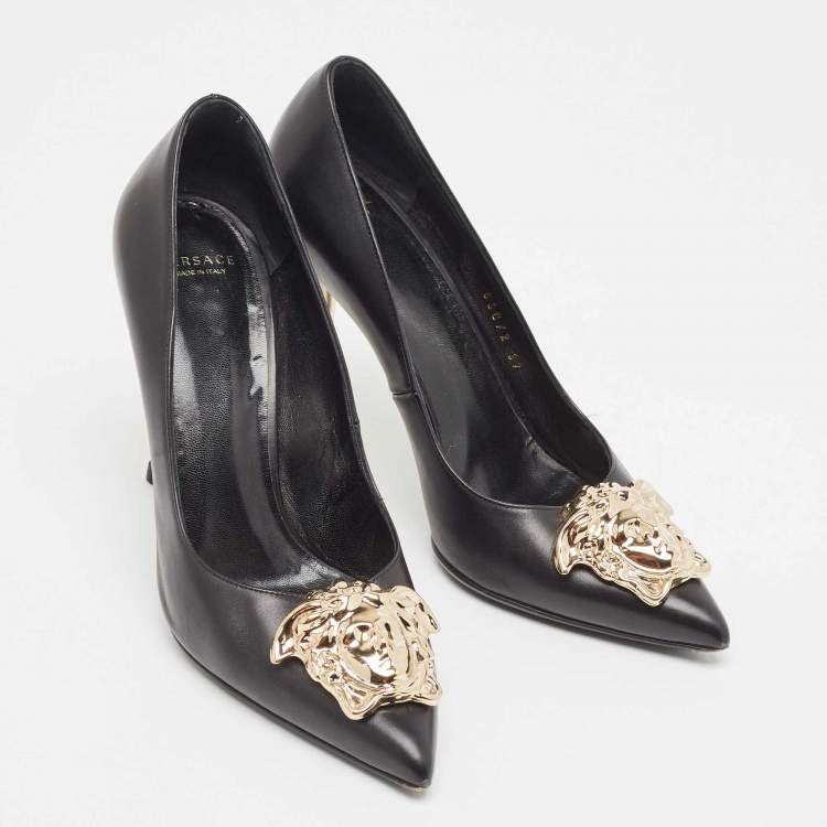 Pre Owned Versace Black Leather Medusa  Pointed Toe Pumps Size 37
