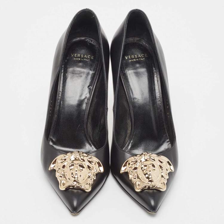 Pre Owned Versace Black Leather Medusa  Pointed Toe Pumps Size 37