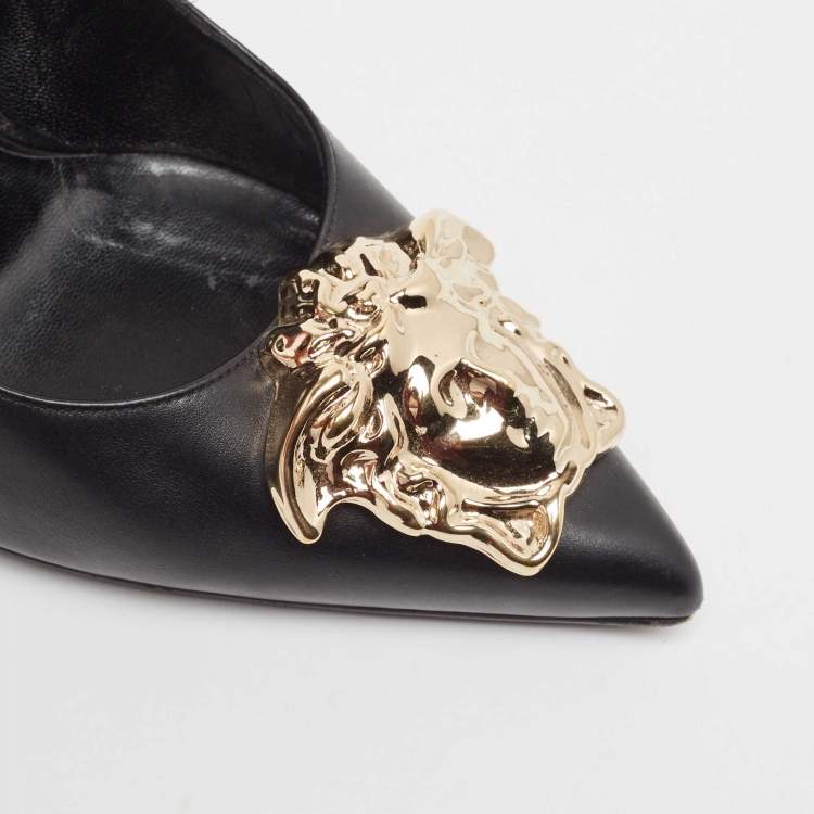 Pre Owned Versace Black Leather Medusa  Pointed Toe Pumps Size 37