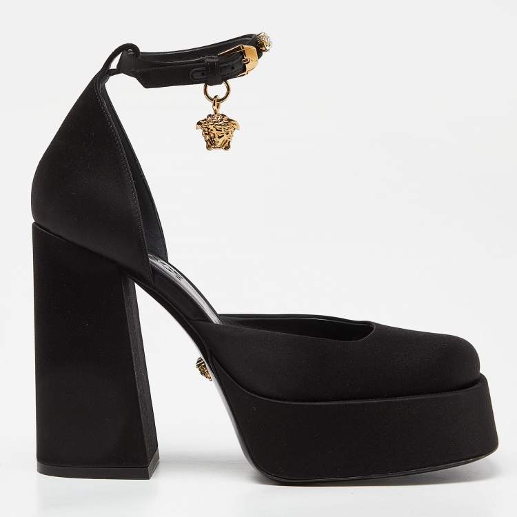 Pre Owned Versace Black Satin Medusa Aevitas Double Platform Pumps Size 37