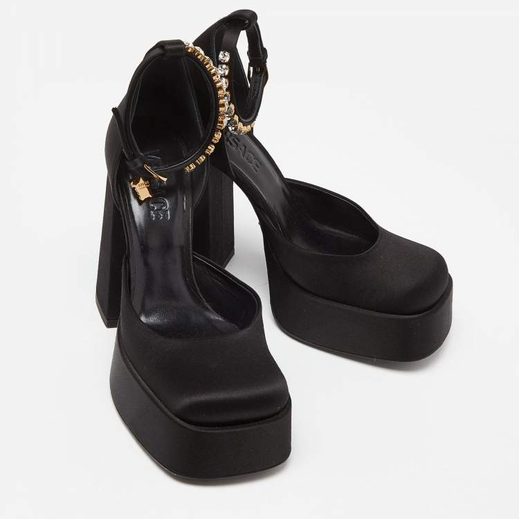 Pre Owned Versace Black Satin Medusa Aevitas Double Platform Pumps Size 37