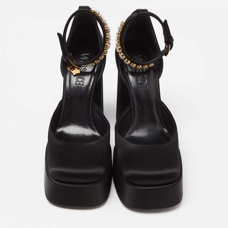 Pre Owned Versace Black Satin Medusa Aevitas Double Platform Pumps Size 37
