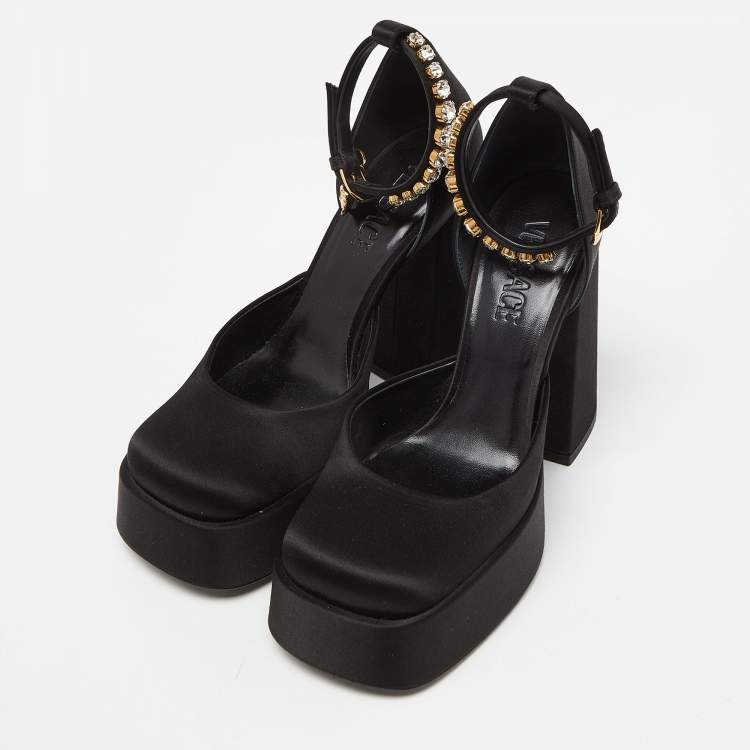 Pre Owned Versace Black Satin Medusa Aevitas Double Platform Pumps Size 37