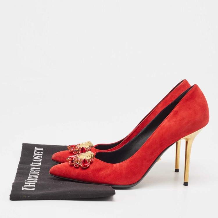 Pre Owned Versace Red Suede Crystal Embellished Medusa Pumps Size 39