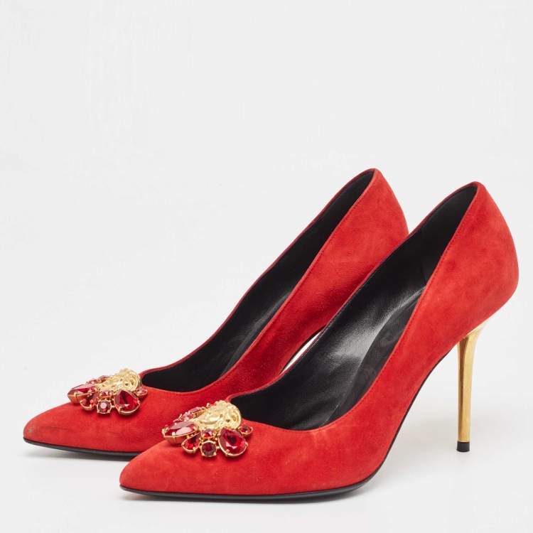 Pre Owned Versace Red Suede Crystal Embellished Medusa Pumps Size 39
