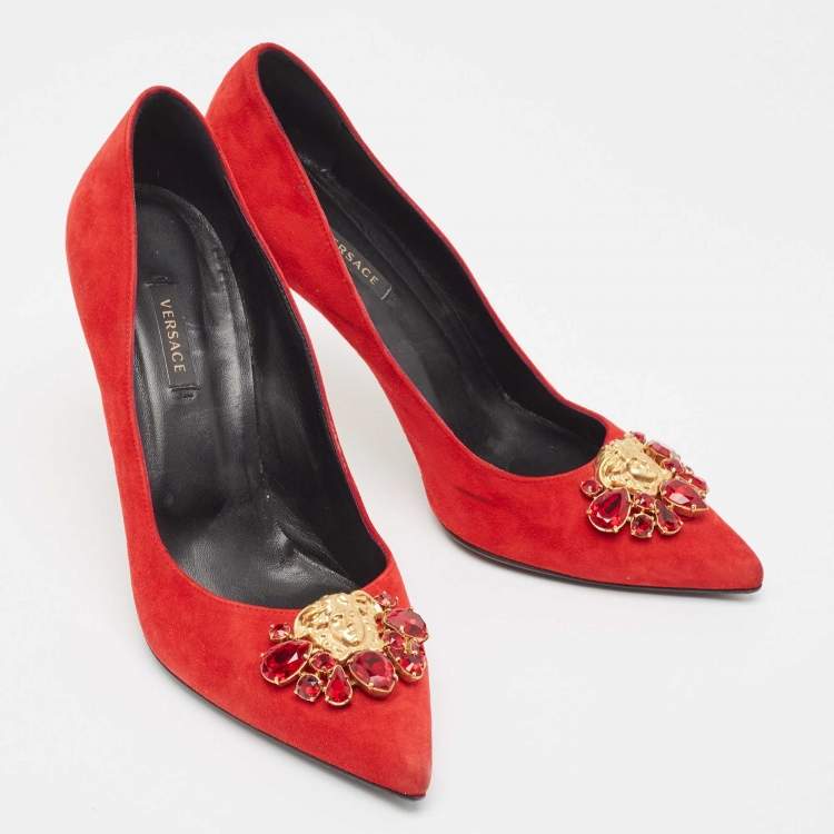 Pre Owned Versace Red Suede Crystal Embellished Medusa Pumps Size 39