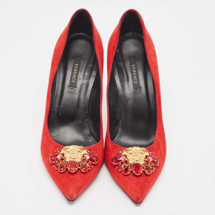 Pre Owned Versace Red Suede Crystal Embellished Medusa Pumps Size 39