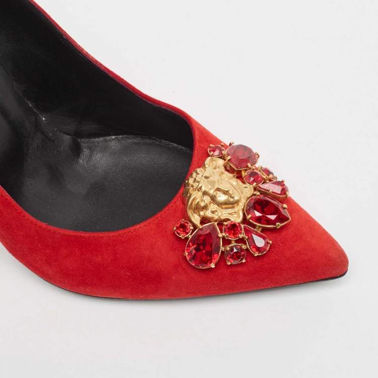 Pre Owned Versace Red Suede Crystal Embellished Medusa Pumps Size 39