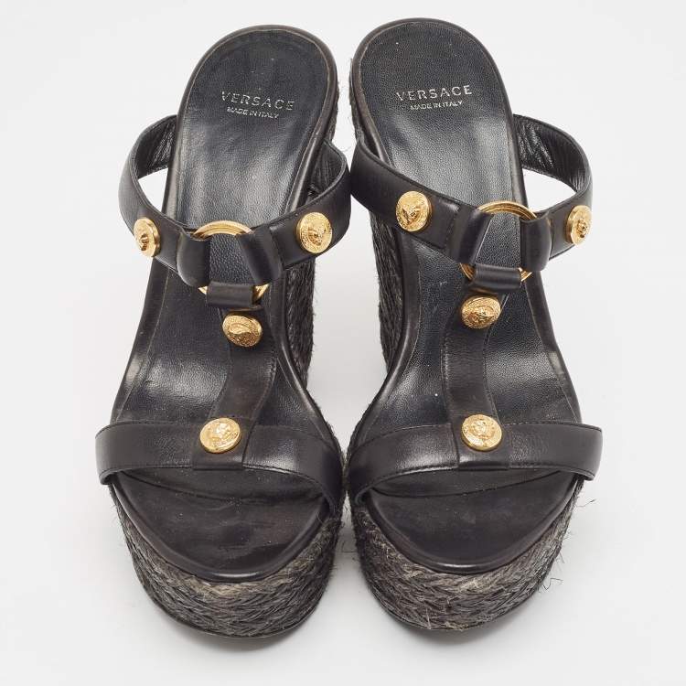 Pre Owned Versace Black Leather Embellished Wedge Sandals Size 37