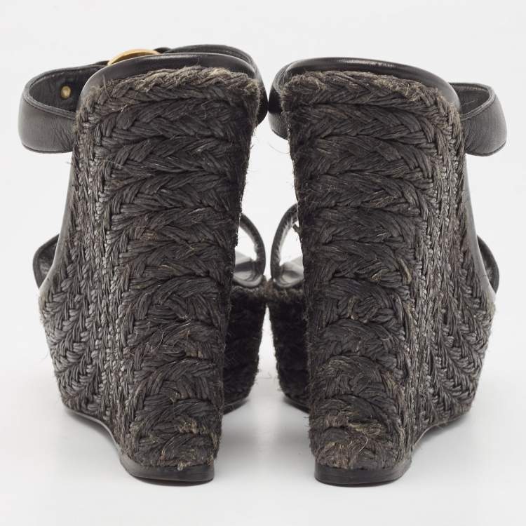 Pre Owned Versace Black Leather Embellished Wedge Sandals Size 37