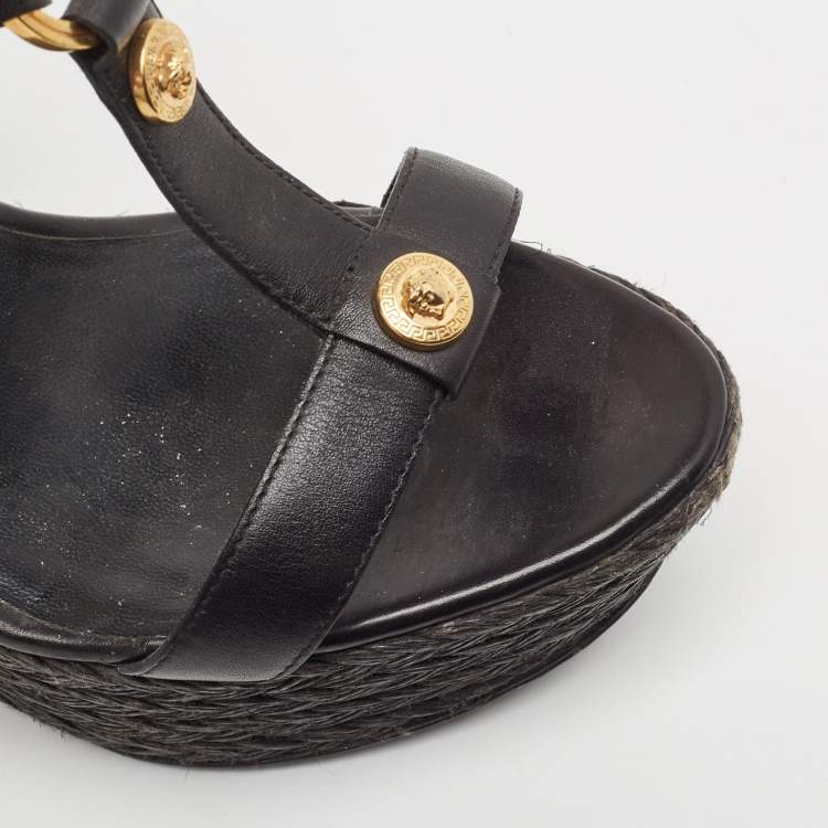 Pre Owned Versace Black Leather Embellished Wedge Sandals Size 37