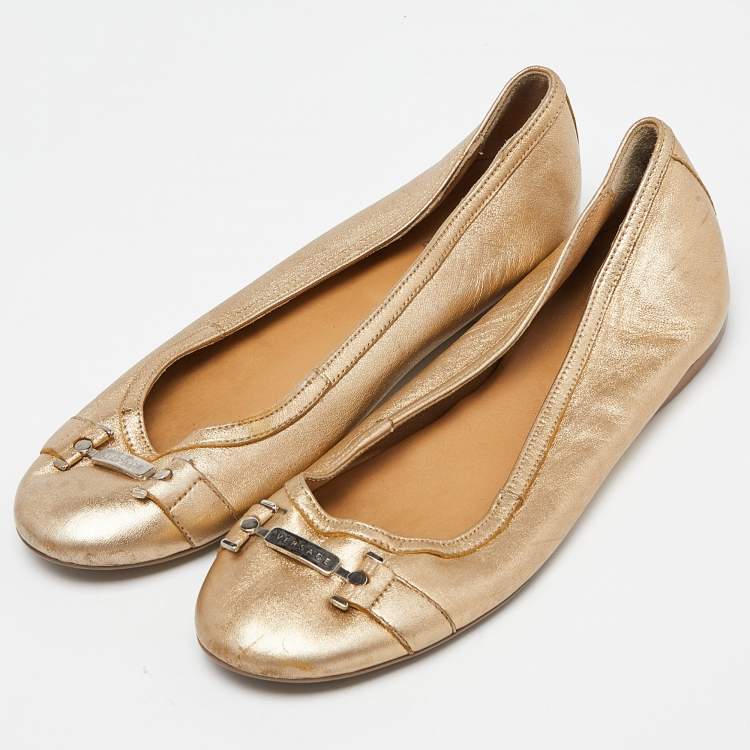 Pre Owned Versace Gold Leather Ballet Flats Size 37