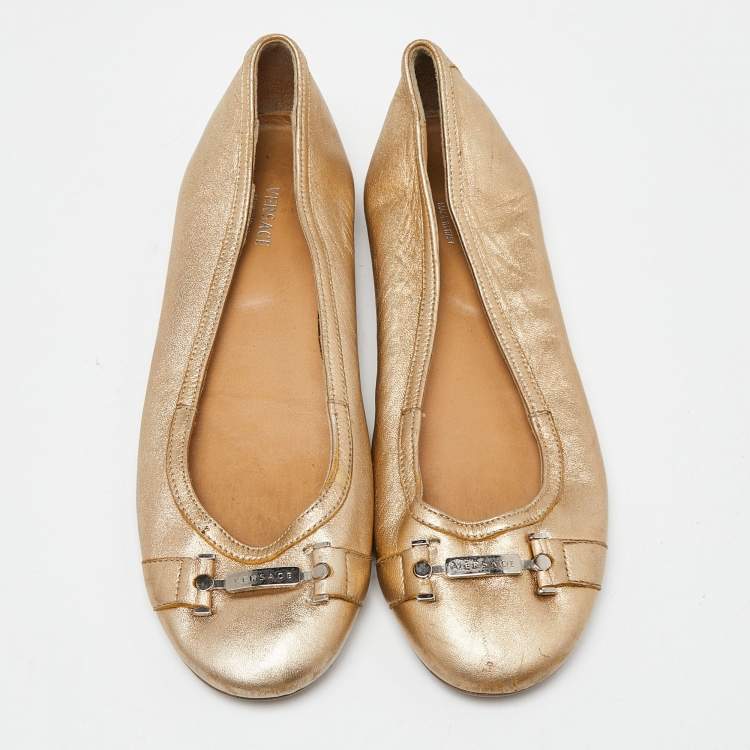 Pre Owned Versace Gold Leather Ballet Flats Size 37