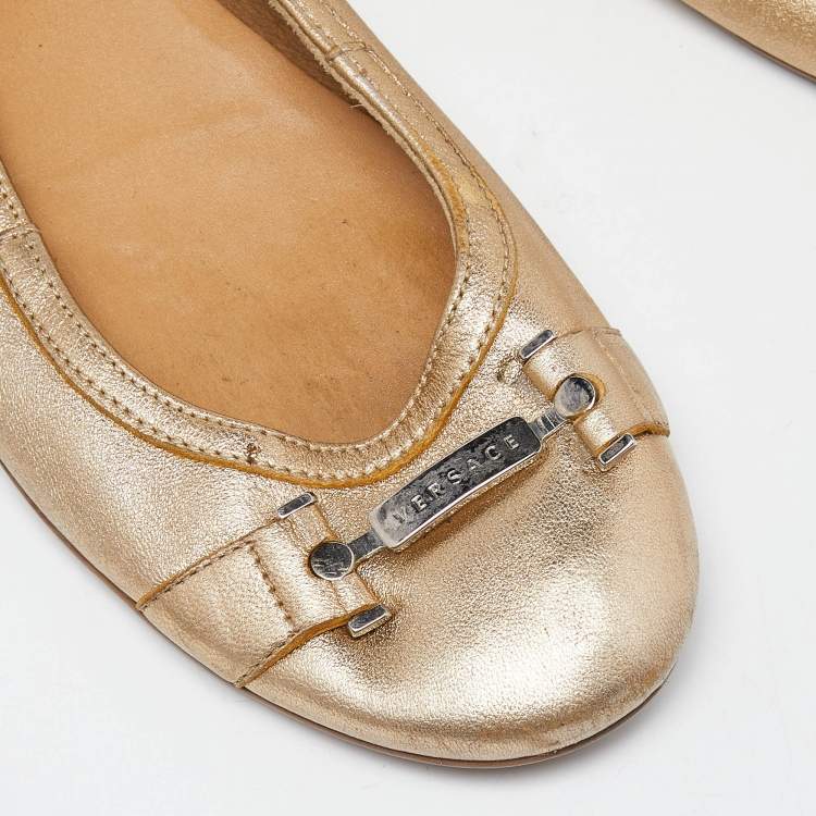 Pre Owned Versace Gold Leather Ballet Flats Size 37
