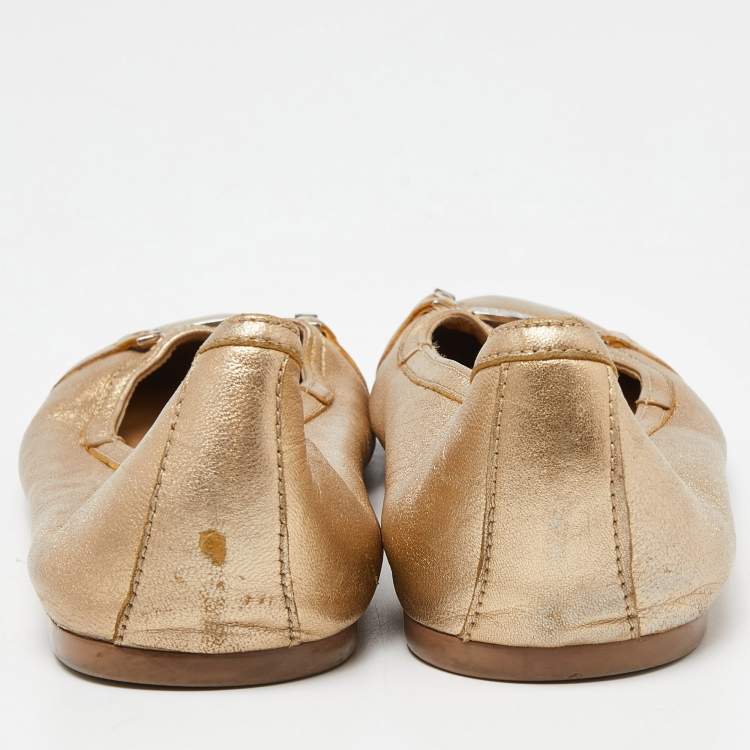 Pre Owned Versace Gold Leather Ballet Flats Size 37