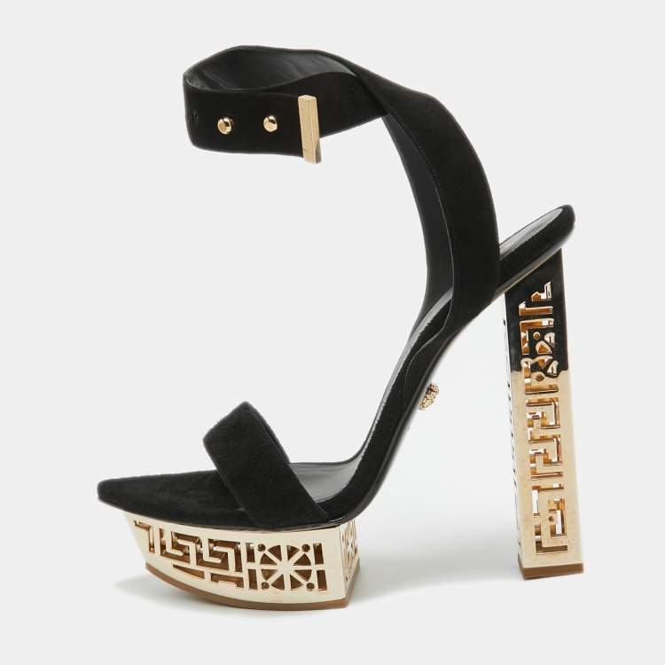 Pre Owned Versace Black Suede Greek Key Platform Sandals Size 40