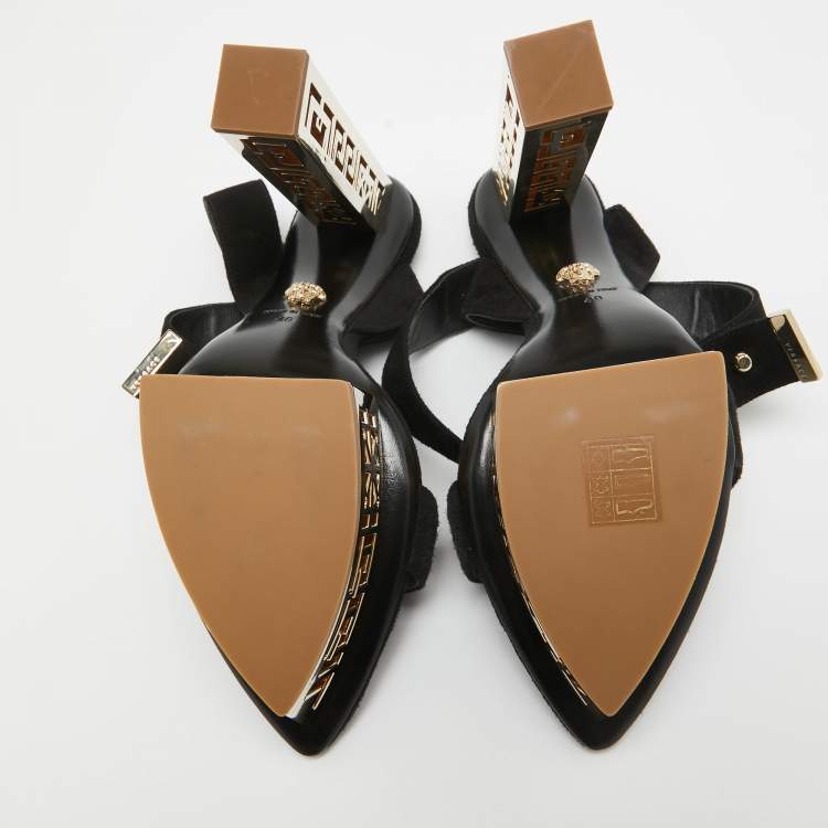 Pre Owned Versace Black Suede Greek Key Platform Sandals Size 40