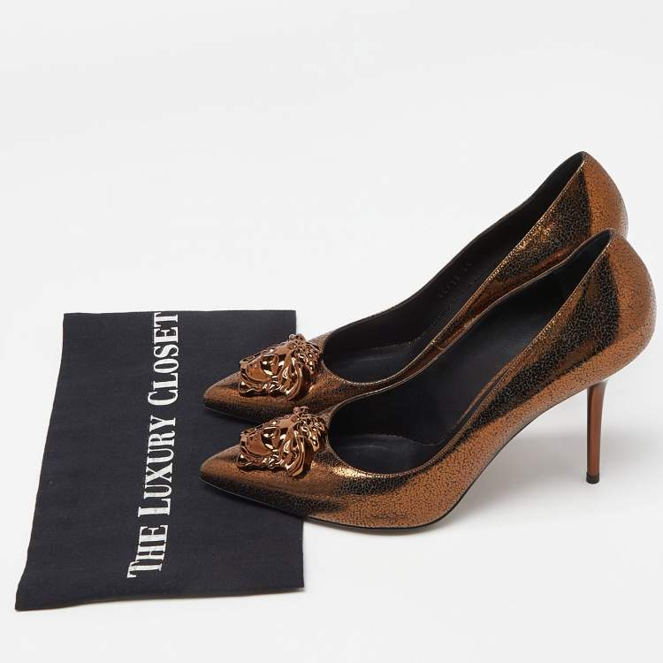 Pre Owned Versace Bronze Leather Medusa Pointed Toe Pumps Size 41