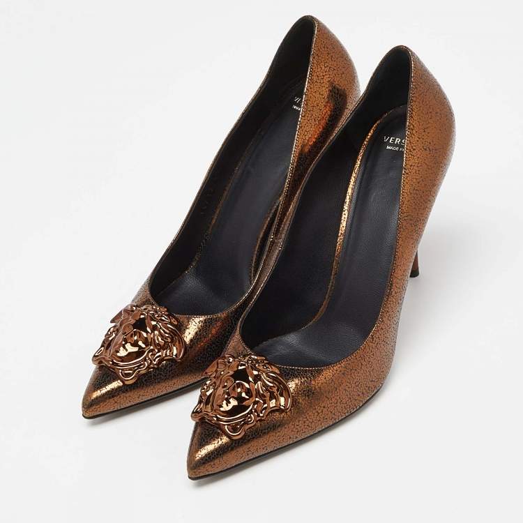 Pre Owned Versace Bronze Leather Medusa Pointed Toe Pumps Size 41