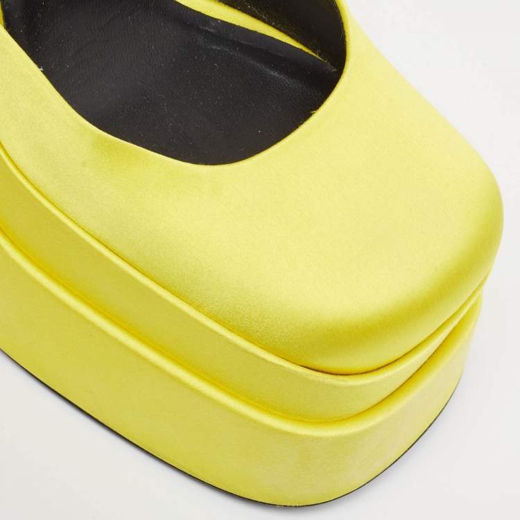 Pre Owned Versace Yellow Satin Medusa  Ankle Strap Pumps Size 40