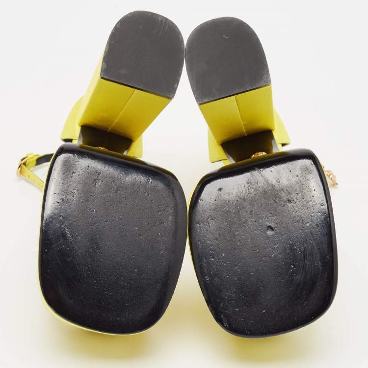 Pre Owned Versace Yellow Satin Medusa  Ankle Strap Pumps Size 40