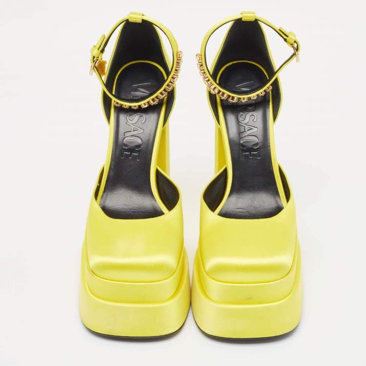 Pre Owned Versace Yellow Satin Medusa  Ankle Strap Pumps Size 40