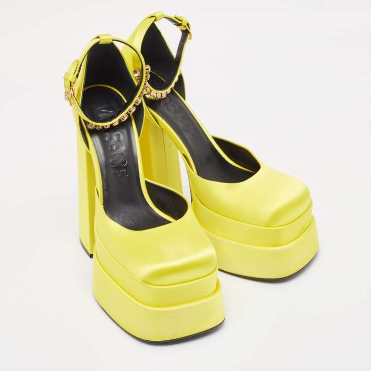 Pre Owned Versace Yellow Satin Medusa  Ankle Strap Pumps Size 40