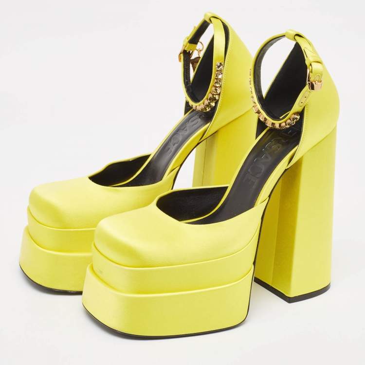 Pre Owned Versace Yellow Satin Medusa  Ankle Strap Pumps Size 40