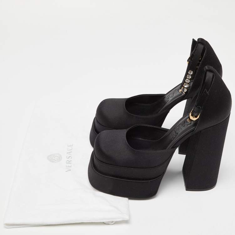 Pre Owned Versace Black Satin La Medusa Crystal Embellished Ankle Strap Block Heel Pumps Size 38.5