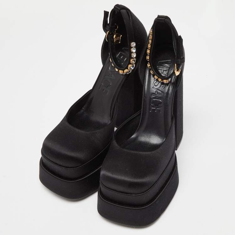 Pre Owned Versace Black Satin La Medusa Crystal Embellished Ankle Strap Block Heel Pumps Size 38.5