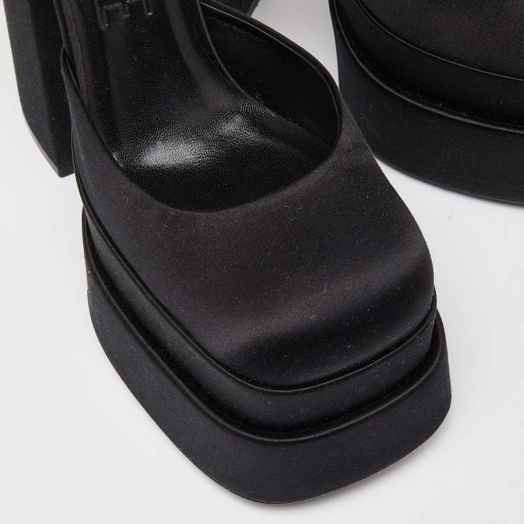 Pre Owned Versace Black Satin La Medusa Crystal Embellished Ankle Strap Block Heel Pumps Size 38.5