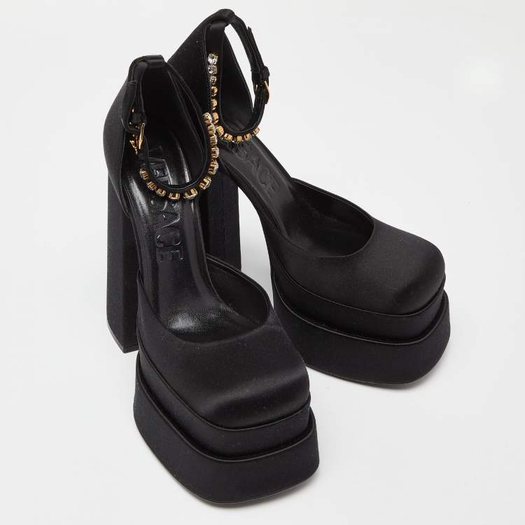 Pre Owned Versace Black Satin La Medusa Crystal Embellished Ankle Strap Block Heel Pumps Size 38.5