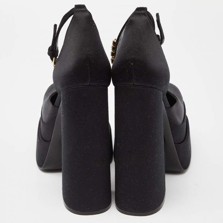 Pre Owned Versace Black Satin La Medusa Crystal Embellished Ankle Strap Block Heel Pumps Size 38.5