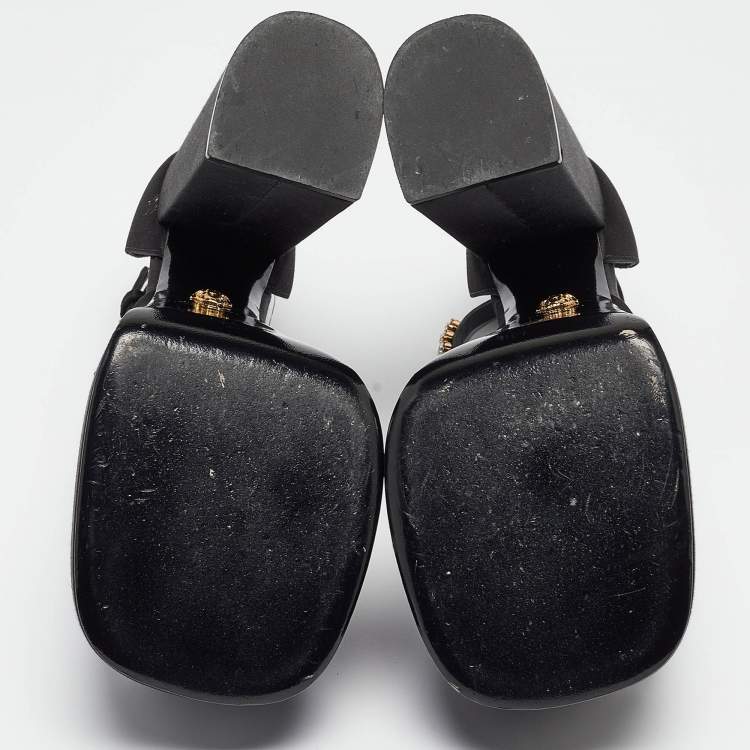 Pre Owned Versace Black Satin Crystal Embellished Ankle Strap Pumps Size 38.5  