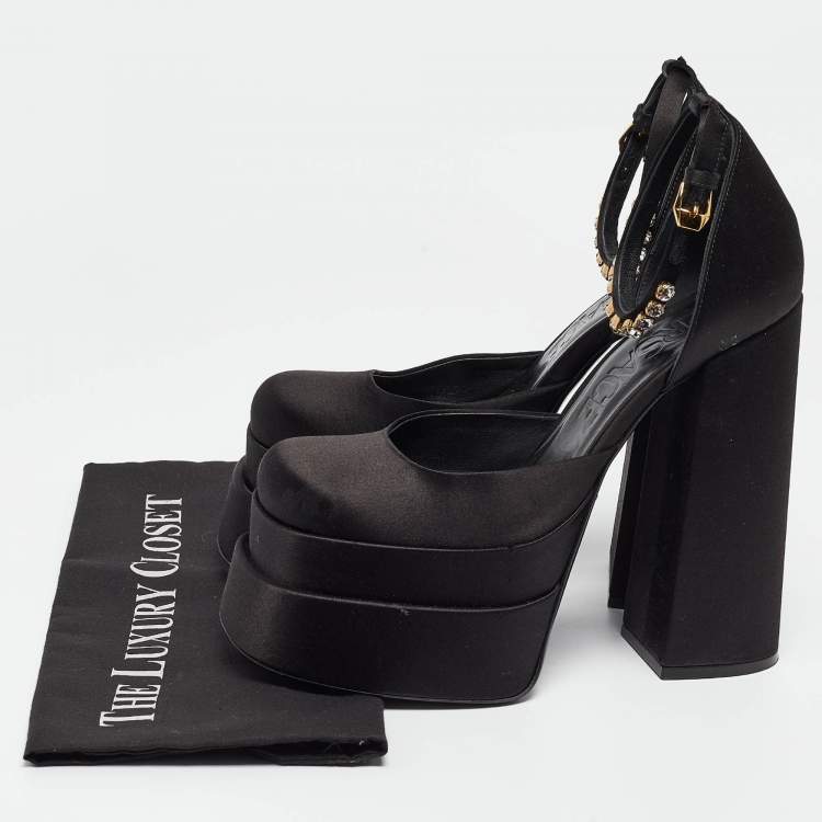 Pre Owned Versace Black Satin Crystal Embellished Ankle Strap Pumps Size 38.5  