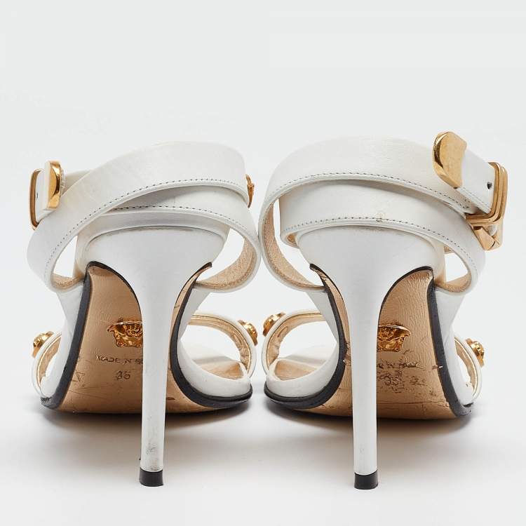 Pre Owned Versace White Leather Medusa Studded Ankle Strap Sandals Size 35