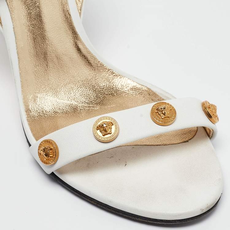 Pre Owned Versace White Leather Medusa Studded Ankle Strap Sandals Size 35