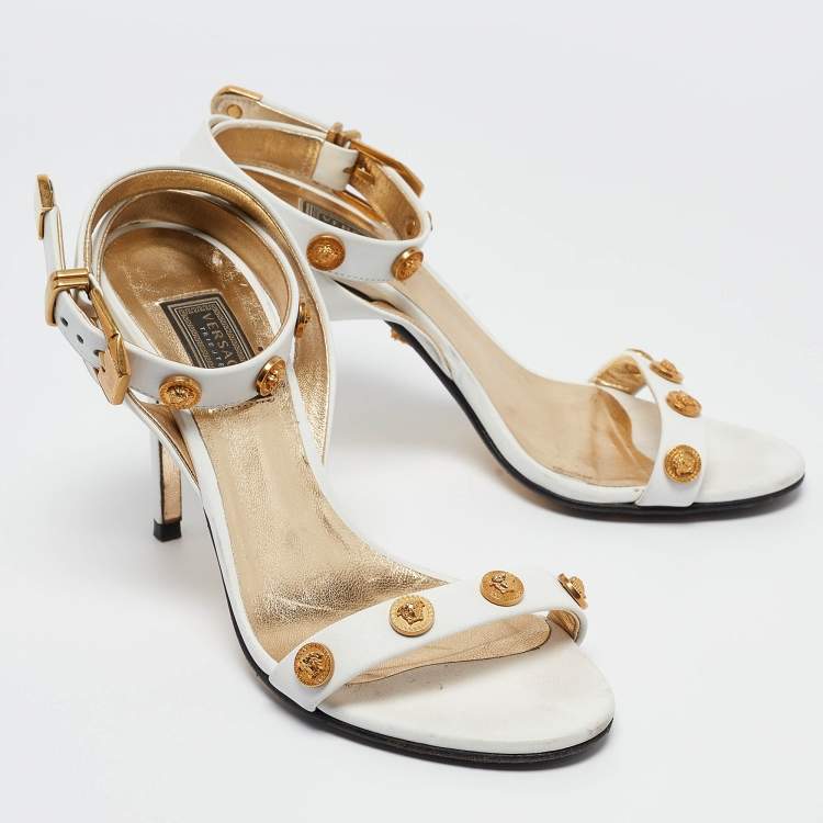 Pre Owned Versace White Leather Medusa Studded Ankle Strap Sandals Size 35