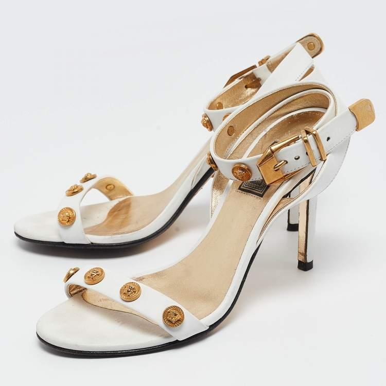 Pre Owned Versace White Leather Medusa Studded Ankle Strap Sandals Size 35