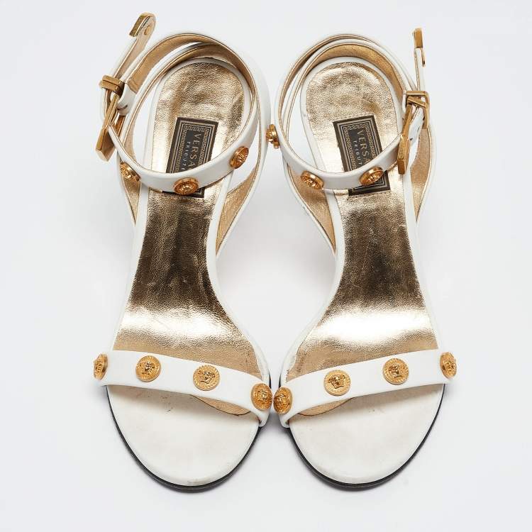 Pre Owned Versace White Leather Medusa Studded Ankle Strap Sandals Size 35