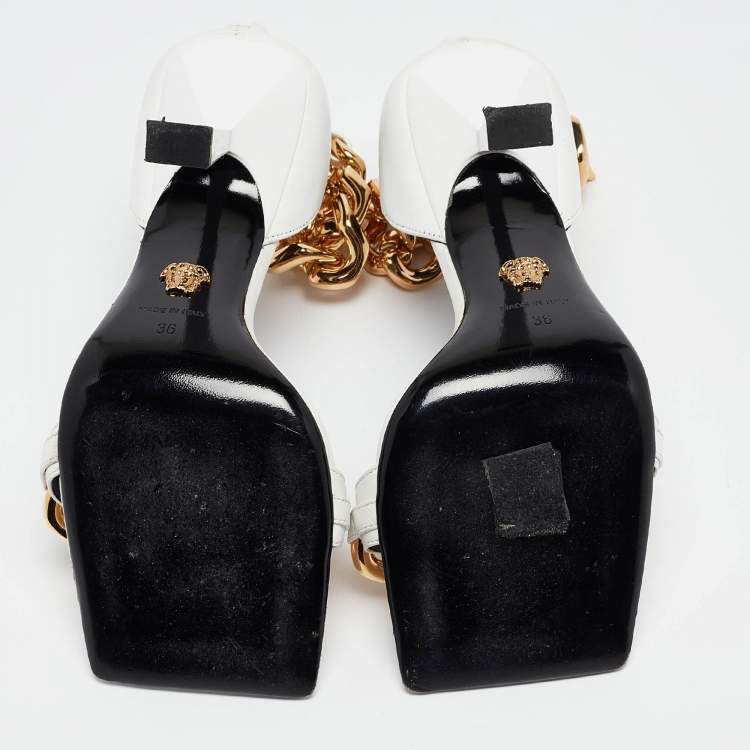 Pre Owned Versace White Leather Medusa Chain Ankle Strap Sandals Size 36