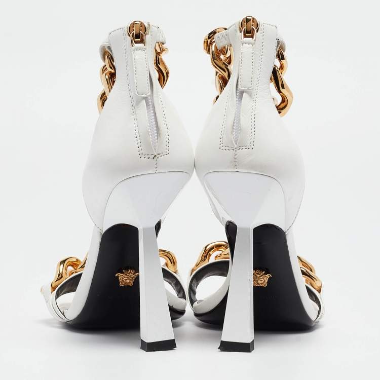 Pre Owned Versace White Leather Medusa Chain Ankle Strap Sandals Size 36