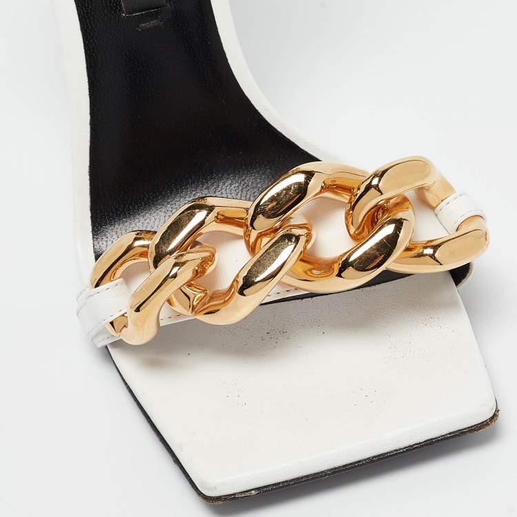 Pre Owned Versace White Leather Medusa Chain Ankle Strap Sandals Size 36