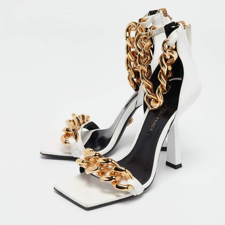Pre Owned Versace White Leather Medusa Chain Ankle Strap Sandals Size 36