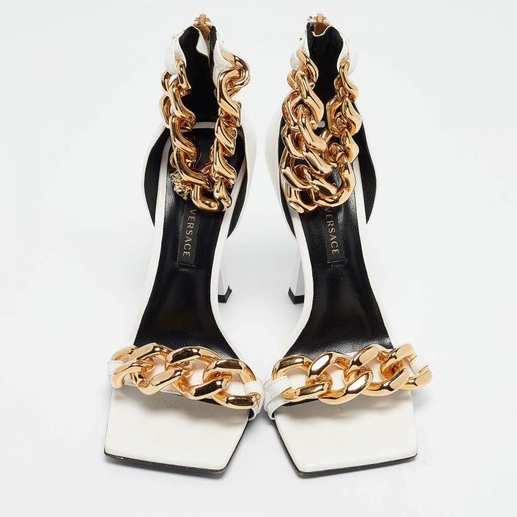 Pre Owned Versace White Leather Medusa Chain Ankle Strap Sandals Size 36