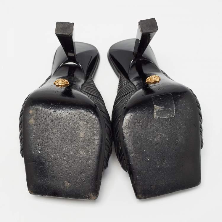 Pre Owned Versace Black Leather Plisse Slide Sandals Size 35